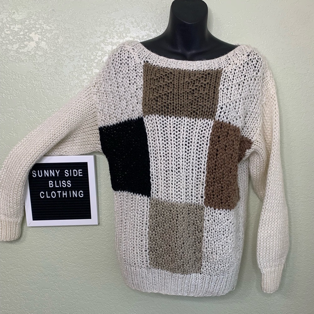 Vintage Multi Color Chunky Knit Checker Sweater Cream Brown Size Medium